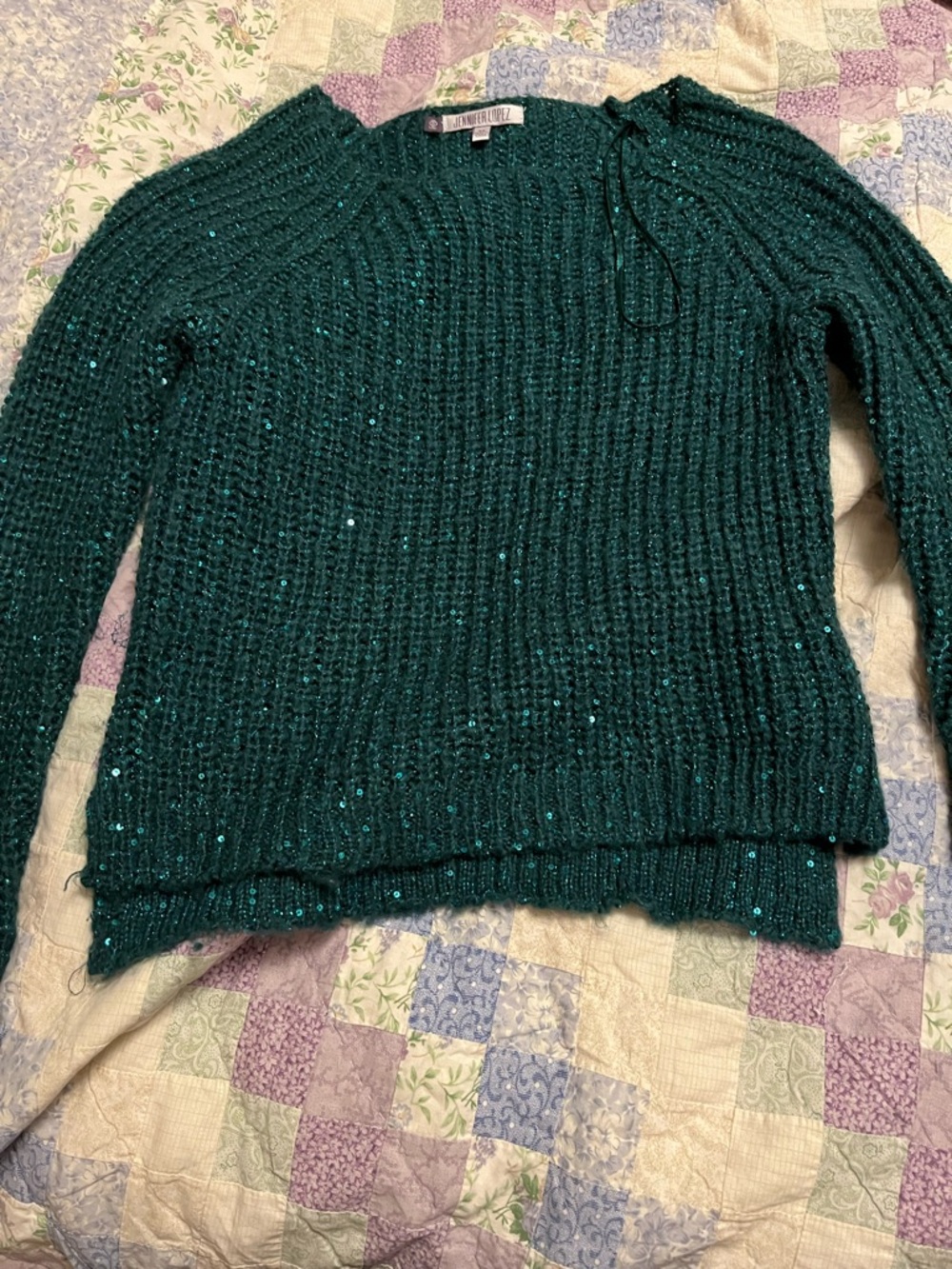 Jennifer Lopez Emerald Green Sequin Ribbed Crewneck Sweater